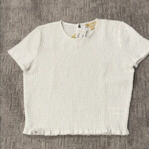 Michael Kors Womens White Smocked Short Sleeve Crop Top Size L NWT